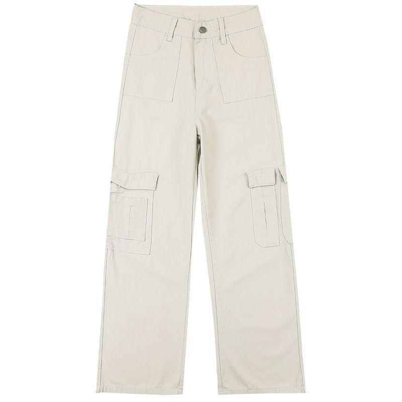High Waist Plain Fleece-Lined Wide Leg Cargo Pants Product Image