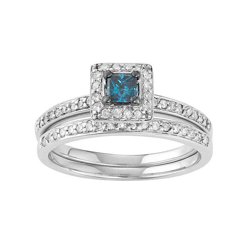 10k White Gold 1/2 Carat T.W. Blue & White Diamond Engagement Ring Set, Women's, Size: 8 Product Image