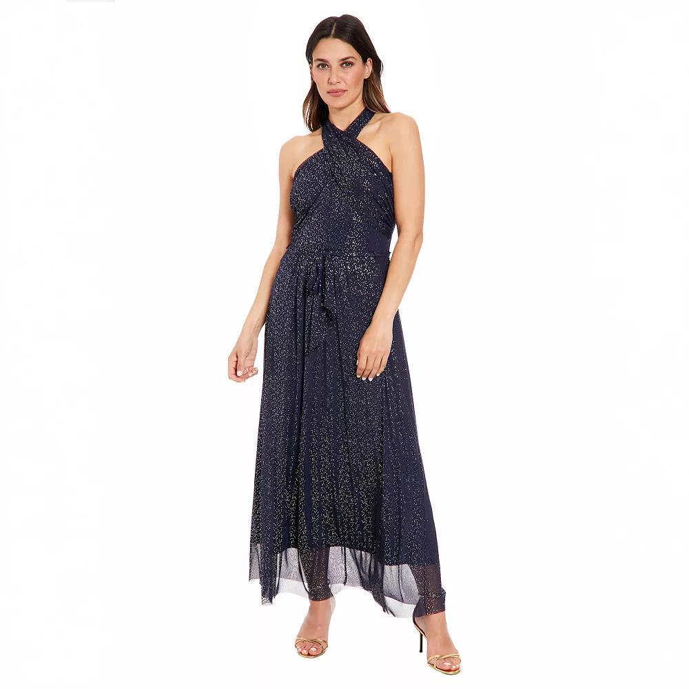 Women's London Times Mesh Wrap Halter Neck Maxi Dress, Size: 14, Black Gold Product Image