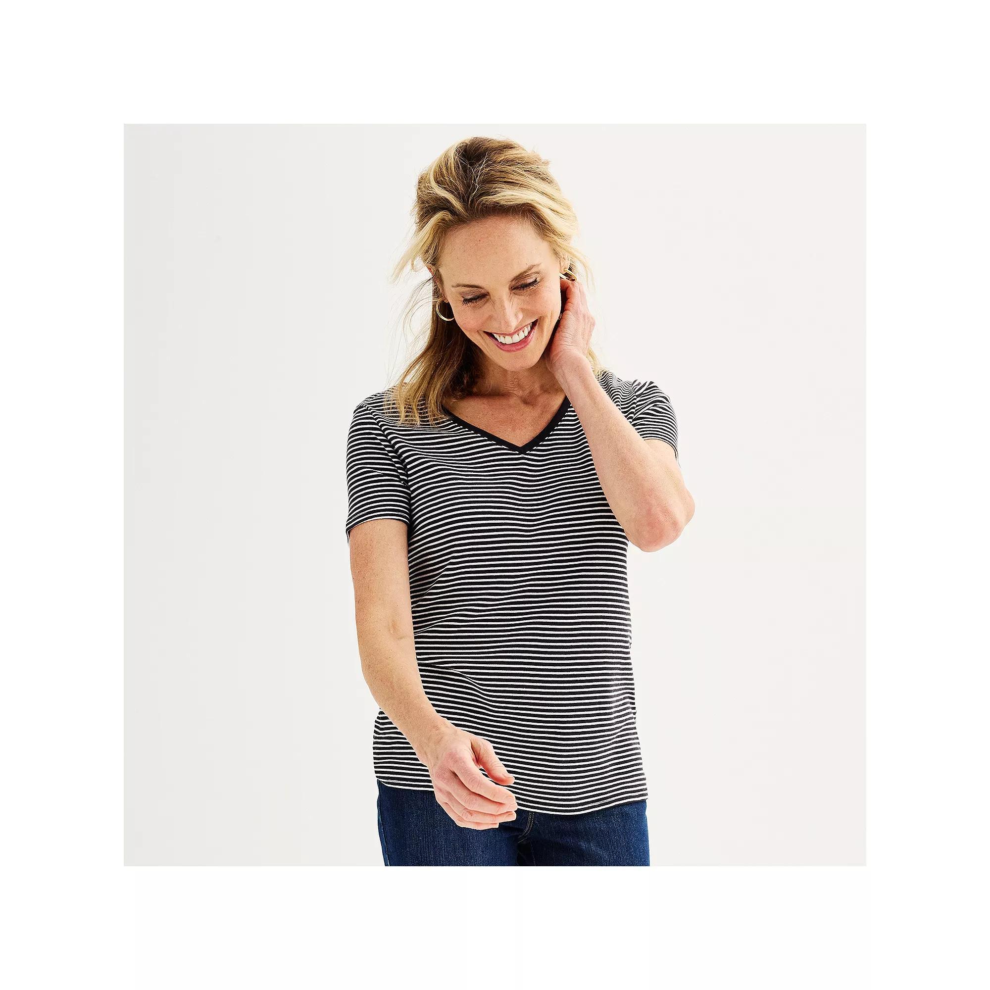 Petite Croft & Barrow® Essential V-Neck Tee, Women's, Size: XS Petite, Black Thin Stripe Product Image