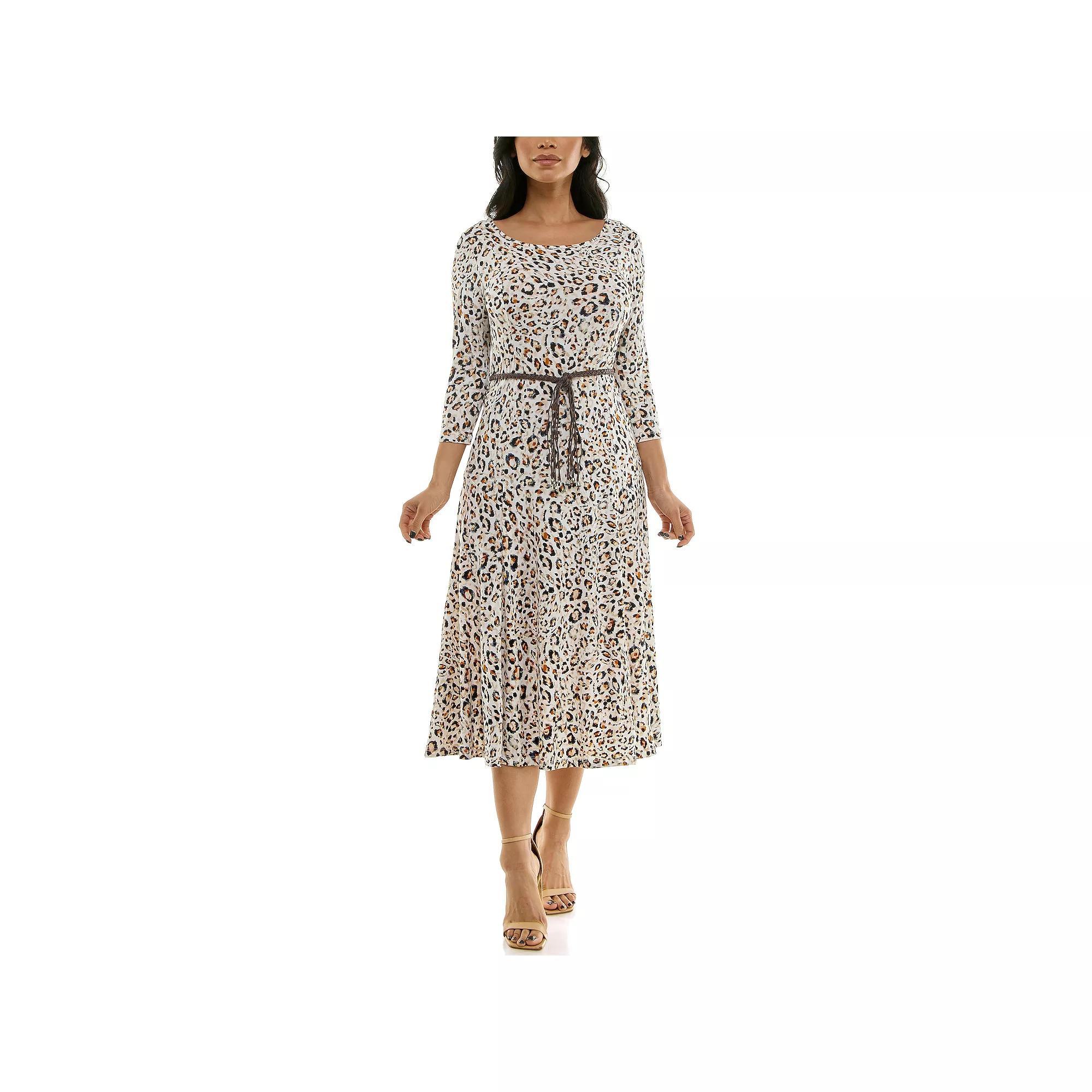 Womens Nina Leonard Sylvia Three-Quarter Sleeve Belted Midi Dress Product Image