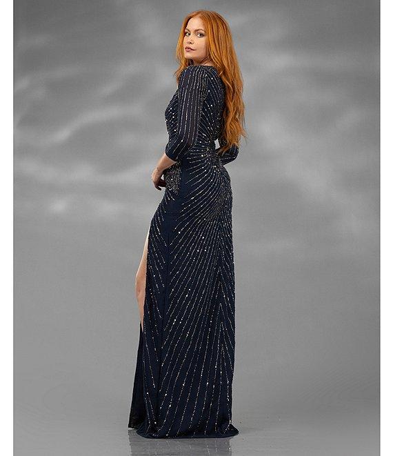 Terani Couture V Neck 3/4 Sleeve Sequin Chiffon Column Gown Product Image