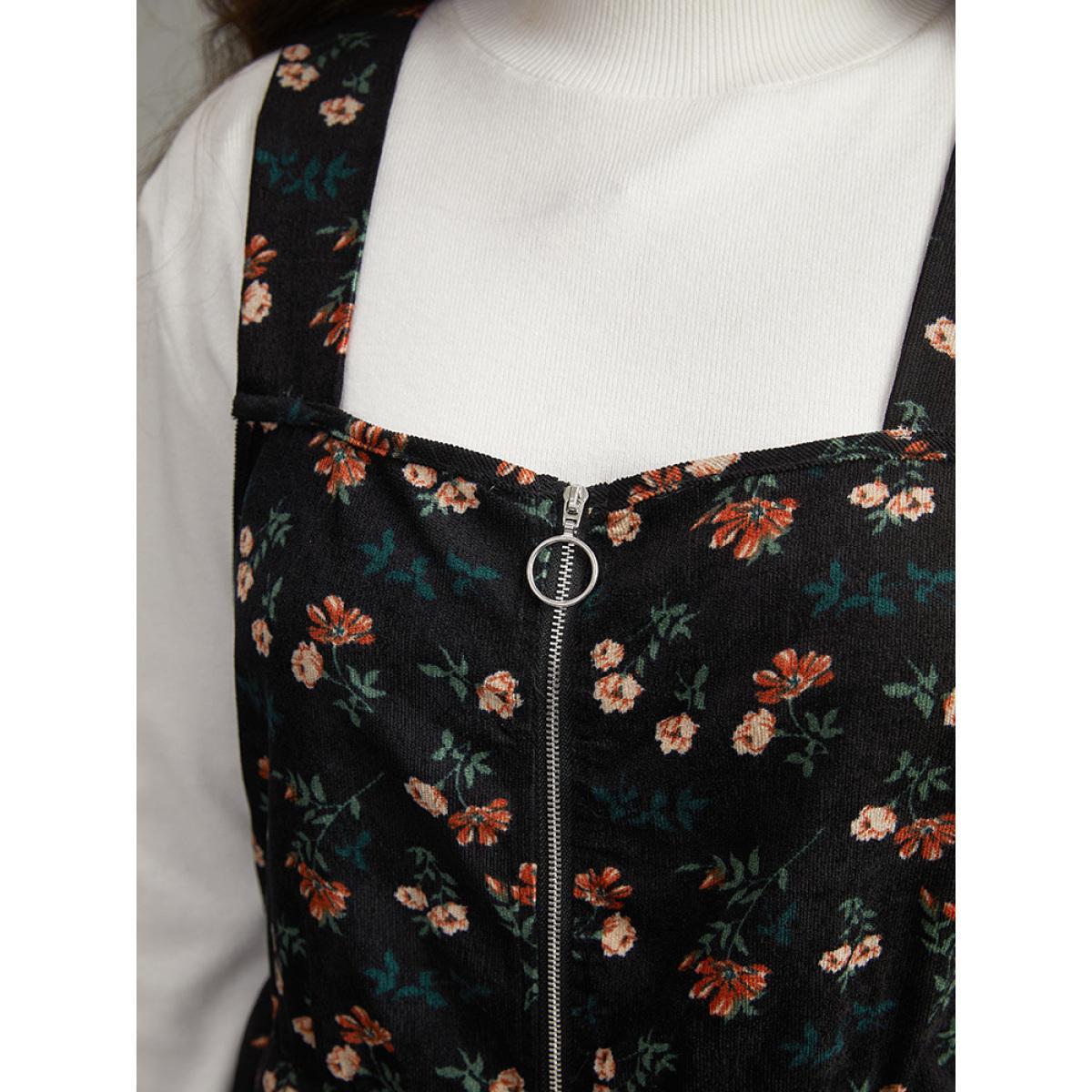 Plus Size Ditsy Floral Corduroy Pocket Zipper Fly Cami Dress Black Women Casual Printed Square Neck Sleeveless Curvy Knee Dress BloomChic 10/M Product Image