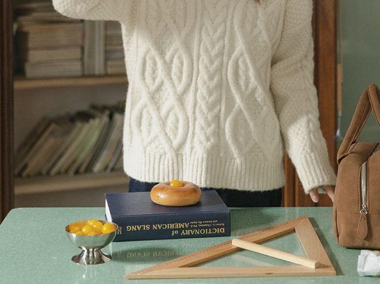 Crew Neck Plain Cable-Knit Sweater Product Image