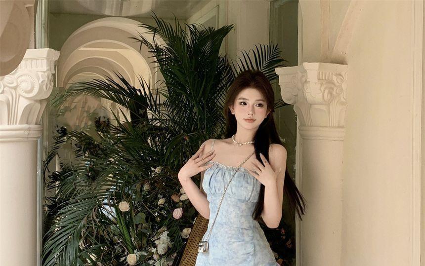Spaghetti Strap Floral Print Asymmetrical Shirred Midi A-Line Dress Product Image
