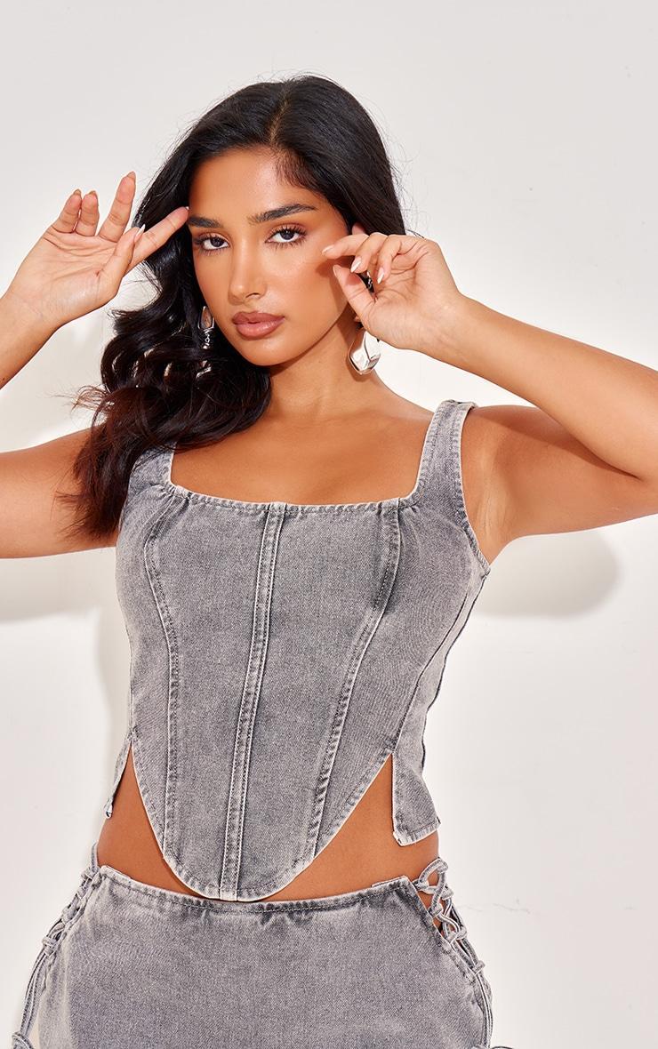 Petite Light Grey Denim Lace Up Corset Top Product Image
