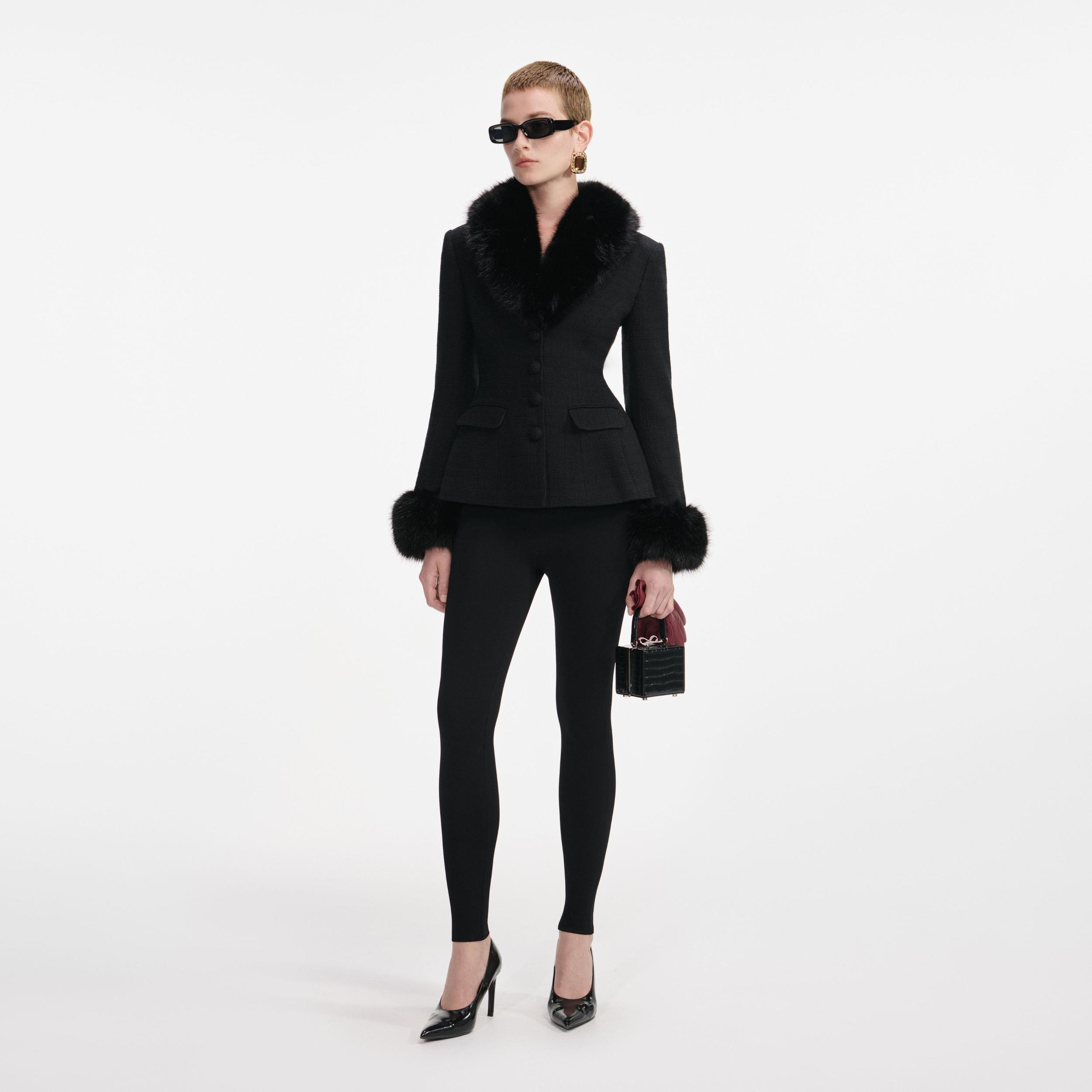 Black Tailored Boucle Fur Jacket Product Image
