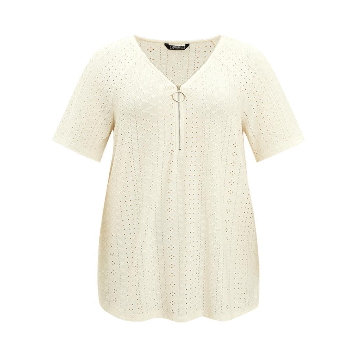 Plus Size Solid Half Zipper Broderie Anglaise T-shirt Ivory Women Elegant Zipper Plain V-neck Dailywear T-shirts BloomChic 22-24/3X Product Image