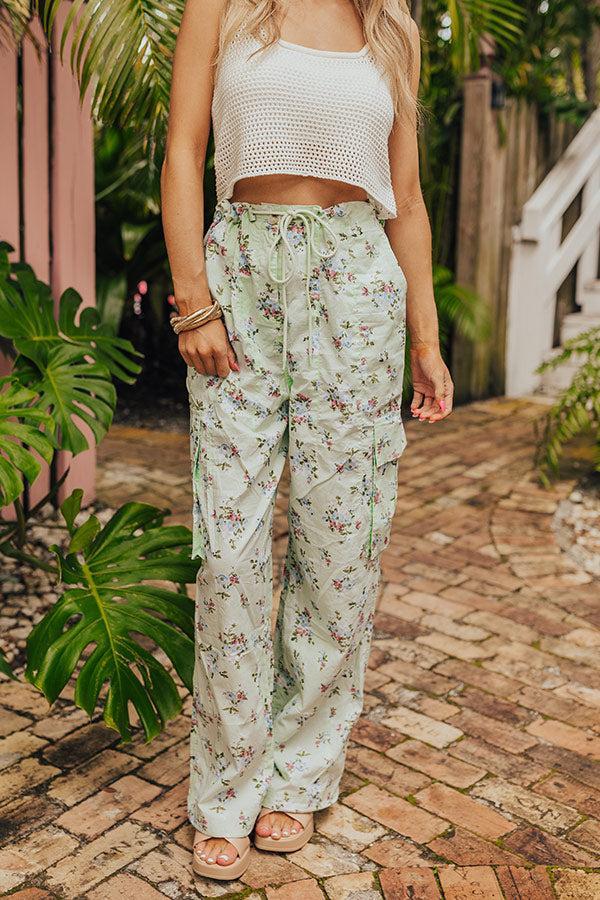 Free Spirit High Waist Floral Cargo Pants in Mint Product Image