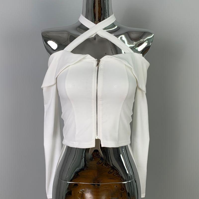Long-Sleeve Cold-Shoulder Plain Cross Strap Zip Detail Cropped T-Shirt Product Image