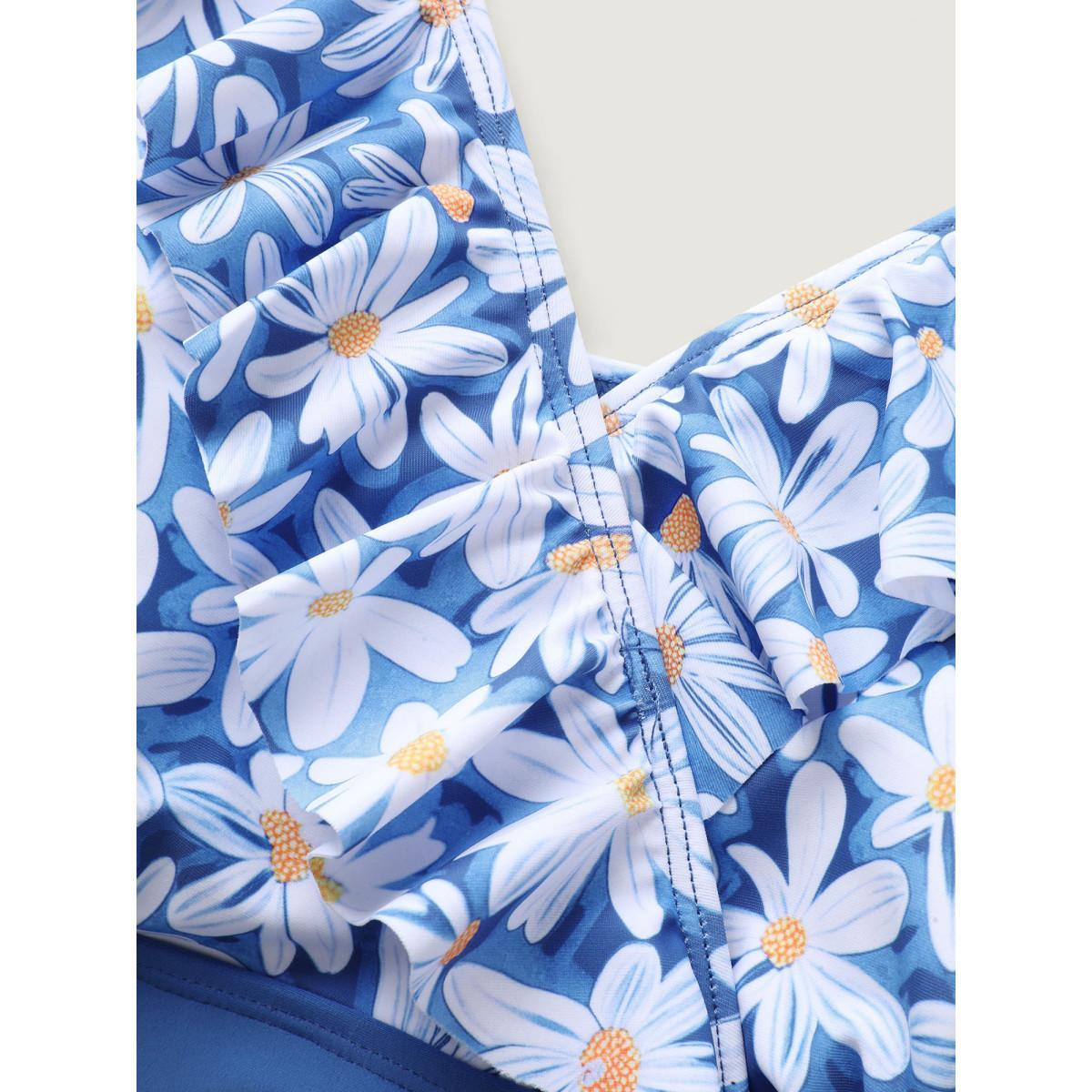 Plus Size Floral Belted Ruffled One-Piece Swimsuit Women's Swimwear Mediumblue Beach Curve Bathing Suits High stretch One Pieces BloomChic 30/6X Product Image
