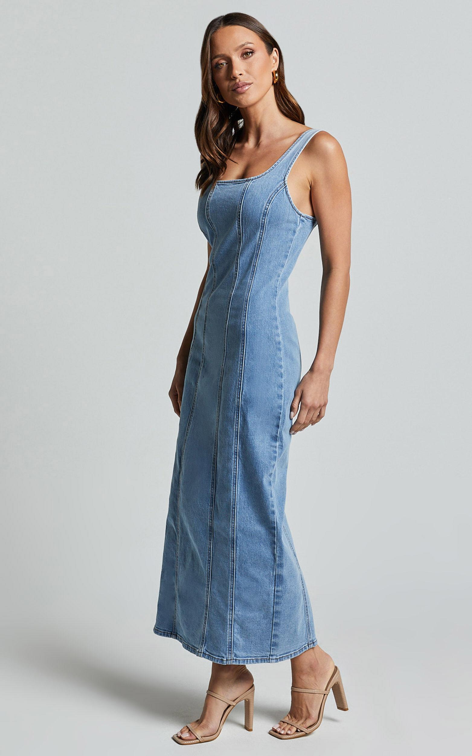 Zenith Midi Dress - Wide Strap Panel Detail Recycled Denim Dress in Mid Blue Wash Product Image