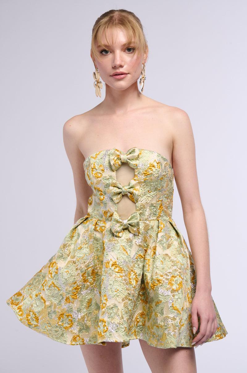 BELLE OF THE BALL BROCADE MINI DRESS IN GREEN MULTI Product Image