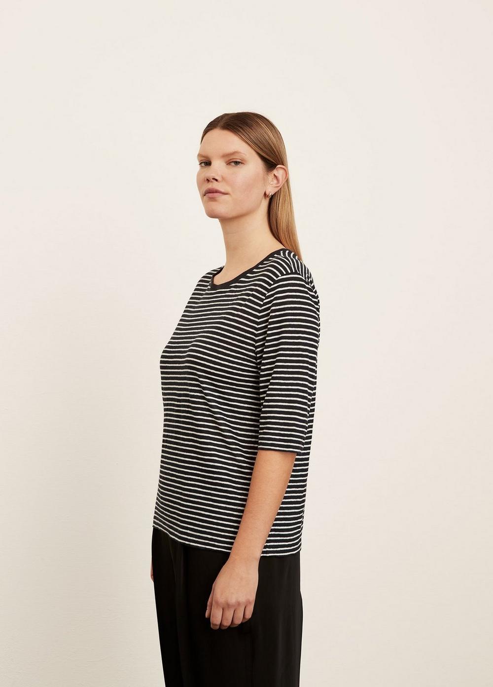 Womens Striped Linen Elbow Sleeve Crew Neck T-Shirt, Coastal Blue/optic White, Size 3XL Vince Product Image