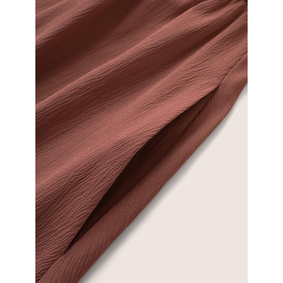 Plus Size Anti-Wrinkle Keyhole Button Detail Belted Dress Maroon Women At the Office Belted Round Neck Short sleeve Curvy Midi Dress BloomChic 30/6X Product Image