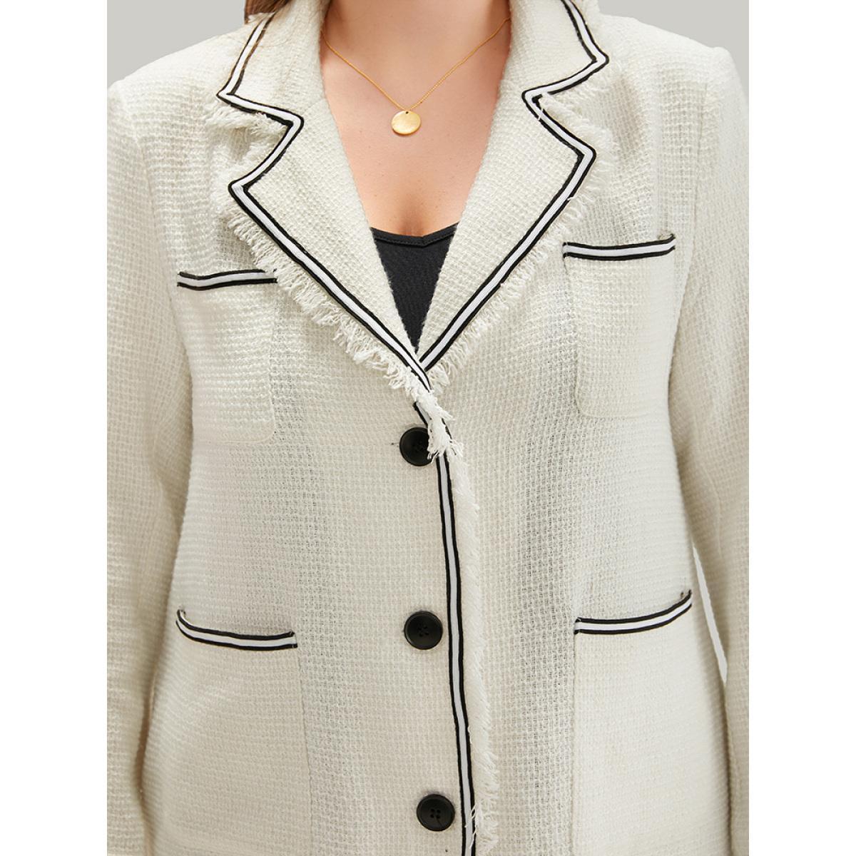 Plus Size Lapel Collar Tweed Contrast Fuzzy Trim Blazer White Women Work Plain Texture Sleeve Long Sleeve Lapel Collar 14-16/1X Pocket Office Blazers BloomChic Product Image