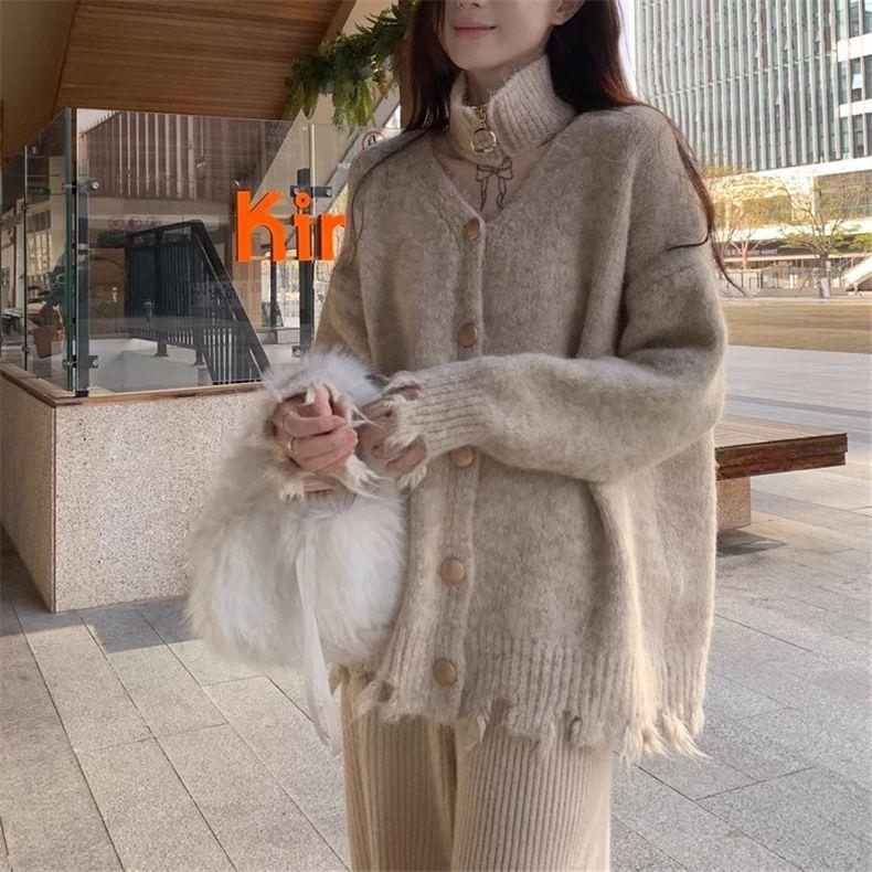 Set: V-Neck Plain Distressed Button-Up Cardigan + Choker Product Image