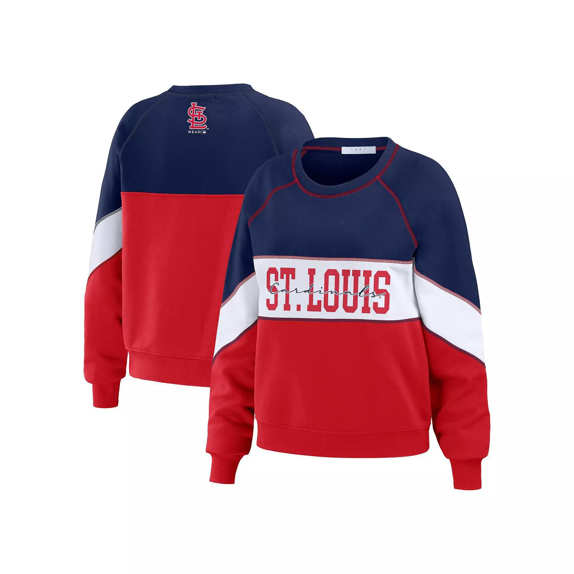Women's WEAR by Erin Andrews Navy/Red St. Louis Cardinals Color Block Crewneck Pullover Sweatshirt, Size: Medium, Blue Product Image