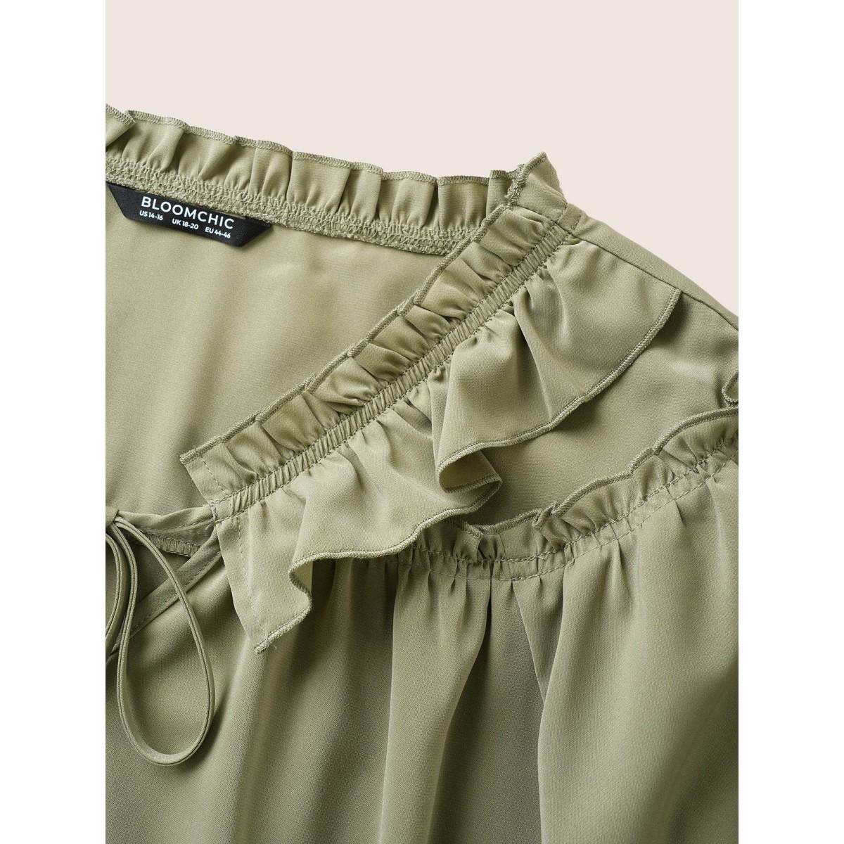 Plus Size Sage Plain Frill Trim Gathered Ruffle Sleeve Blouse Women At the Office Short sleeve V-neck Work Blouses BloomChic 14-16/1X Product Image