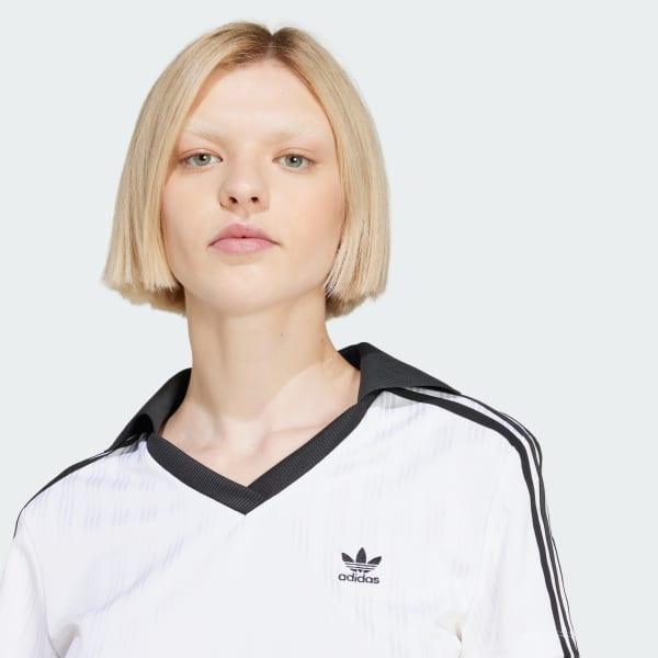 adidas Adicolor Football Jacquard V-Neck Crop Polo Shirt White XL Womens Product Image