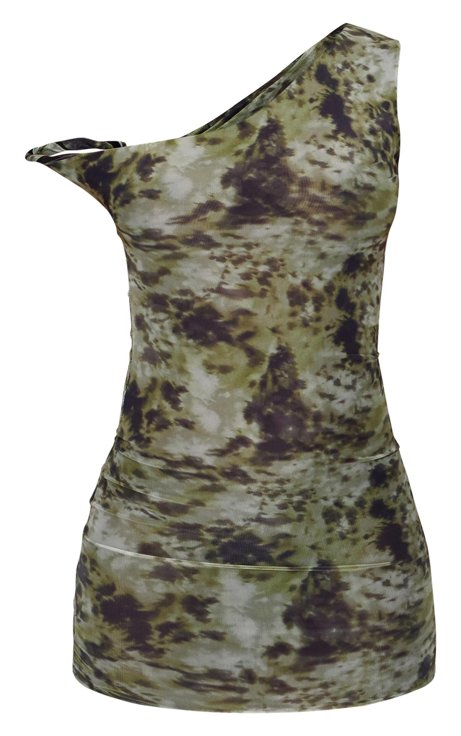 Khaki Abstract Mesh Asymmetric Print Bodycon Dress Product Image