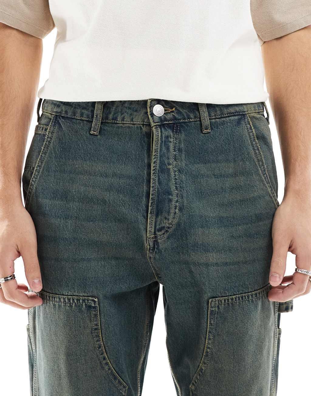 ONLY & SONS Edge loose fit carpenter jeans in vintage mid blue wash Product Image