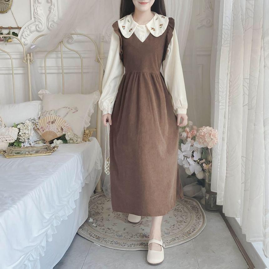 Long-Sleeve Peter Pan Collar Floral Embroidered Button-Up Blouse / V-Neck Plain Ruffle Trim Corduroy Midi A-Line Overall Dress / Set Product Image