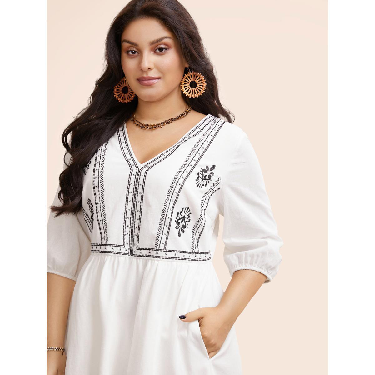 Plus Size Boho Embroidered Elastic Waist Lantern Sleeve Dress Beige Women Resort Embroidered V-neck Elbow-length sleeve Curvy BloomChic 18-20/2X Product Image