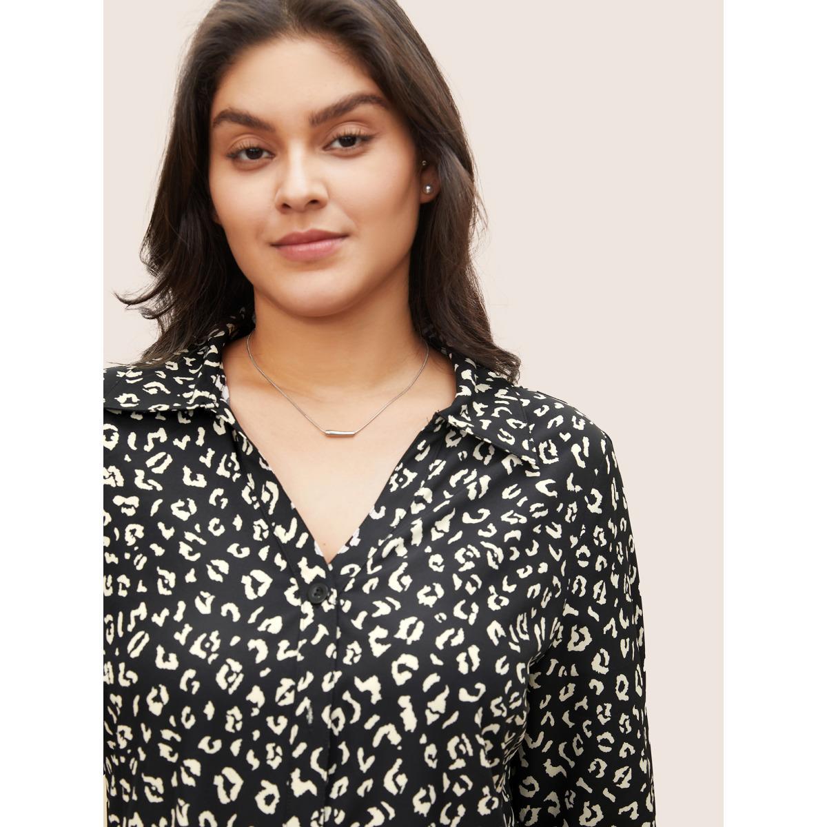 Plus Size BlackFlower Leopard Print Shirt Collar Button Up Blouse Women At the Office Elbow-length sleeve Shirt collar Work Blouses BloomChic 18-20/2X Product Image