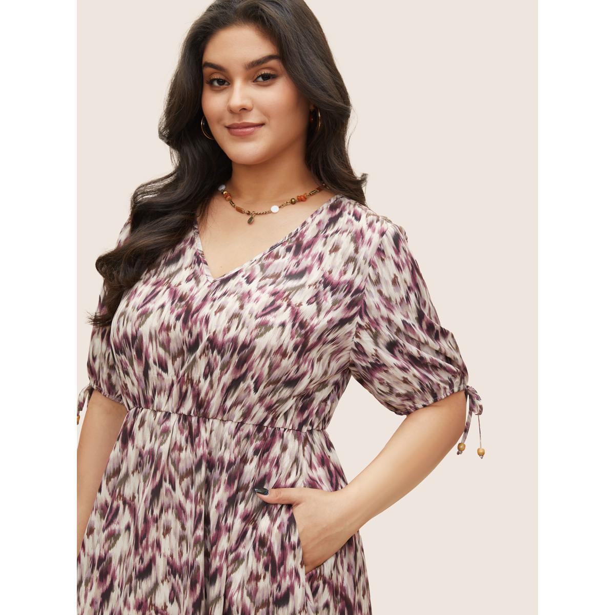 Plus Size Ombre Brush Print Ties Elastic Waist Dress RedViolet Women Elegant Non V-neck Half Sleeve Curvy Midi Dress BloomChic 30/6X Product Image