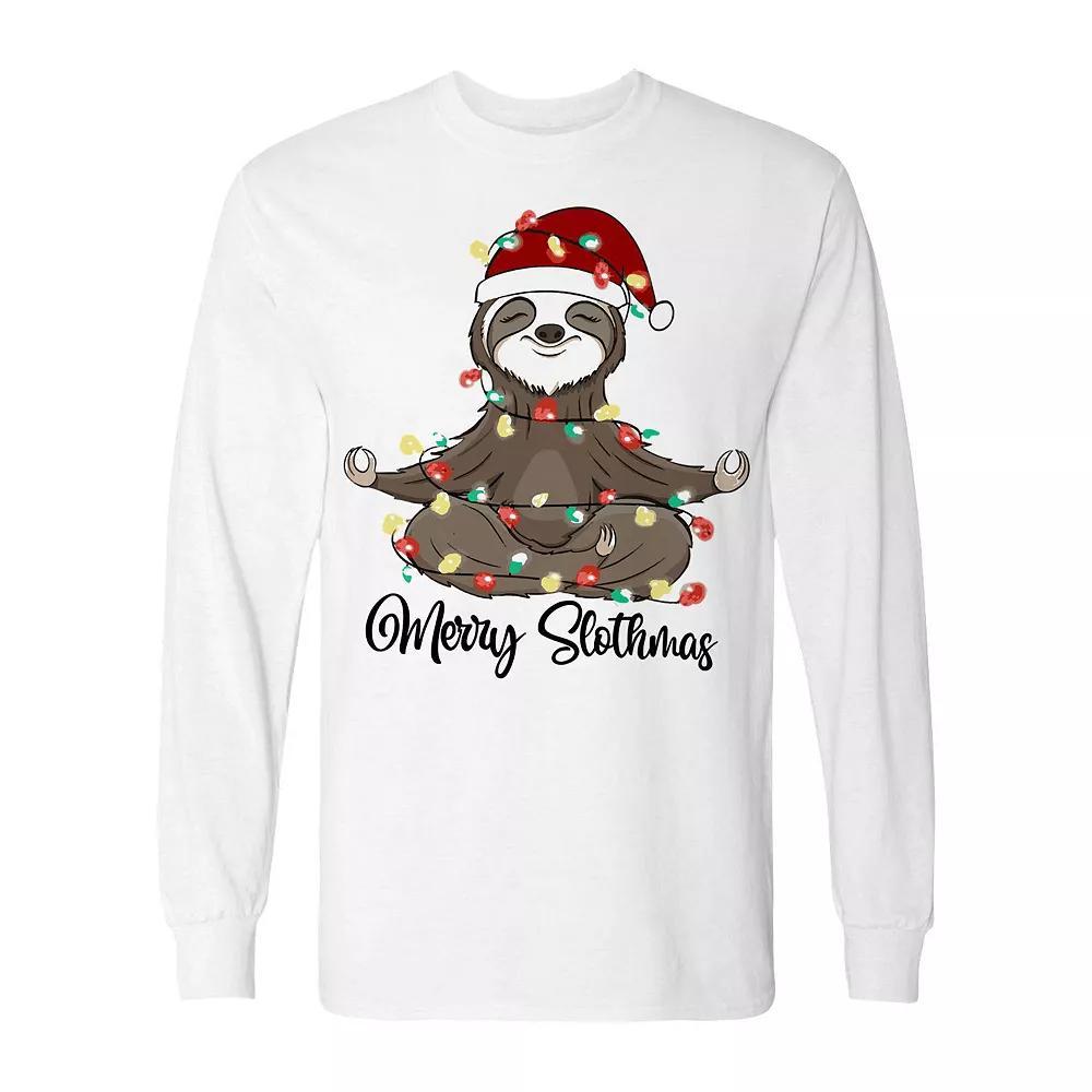 Men's Christmas Merry Slothmas Long Sleeve Graphic Tee, Size: Medium, White Product Image