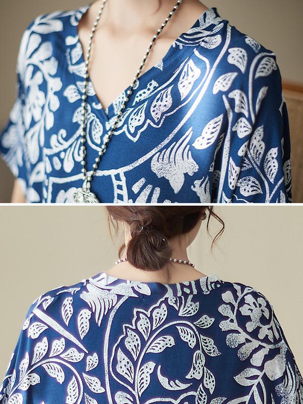 Loose Short Sleeves Printed V-Neck Maxi Dresses Product Image
