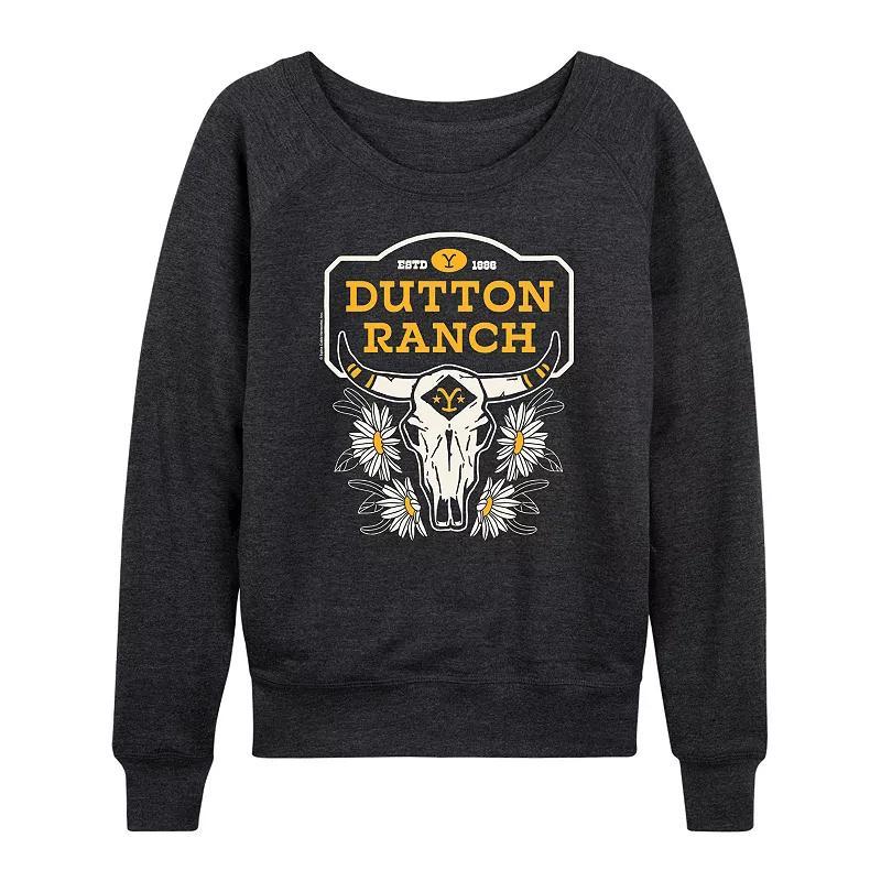 Womens Yellowstone Dutton Ranch Skull French Terry Long Sleeve Tee Heather Grey Product Image