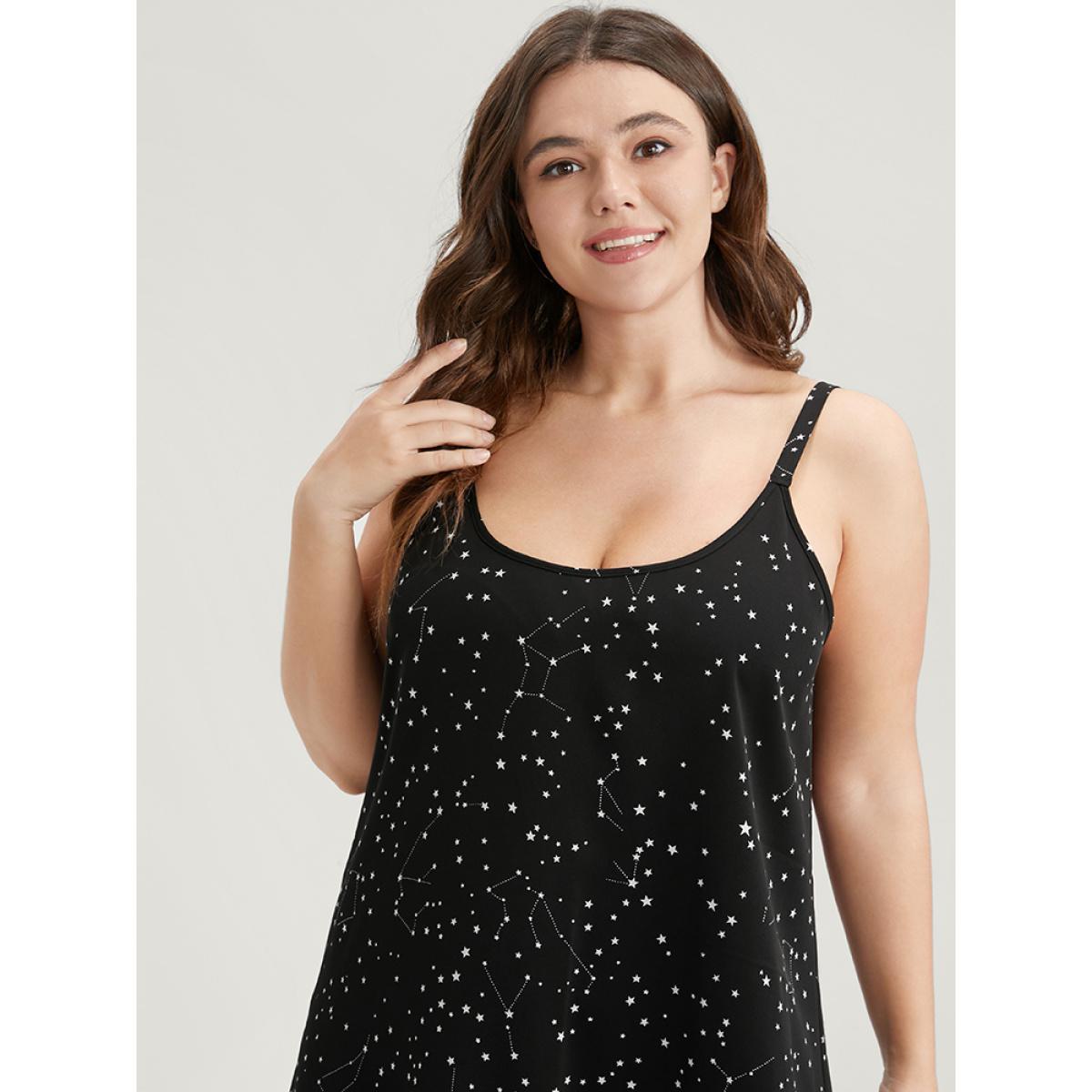 Plus Size Star Print Sleeveless Cami Night Dress Women Black Elegant Moon and Star Printed Spaghetti Strap Loungewear BloomChic 12/L Product Image