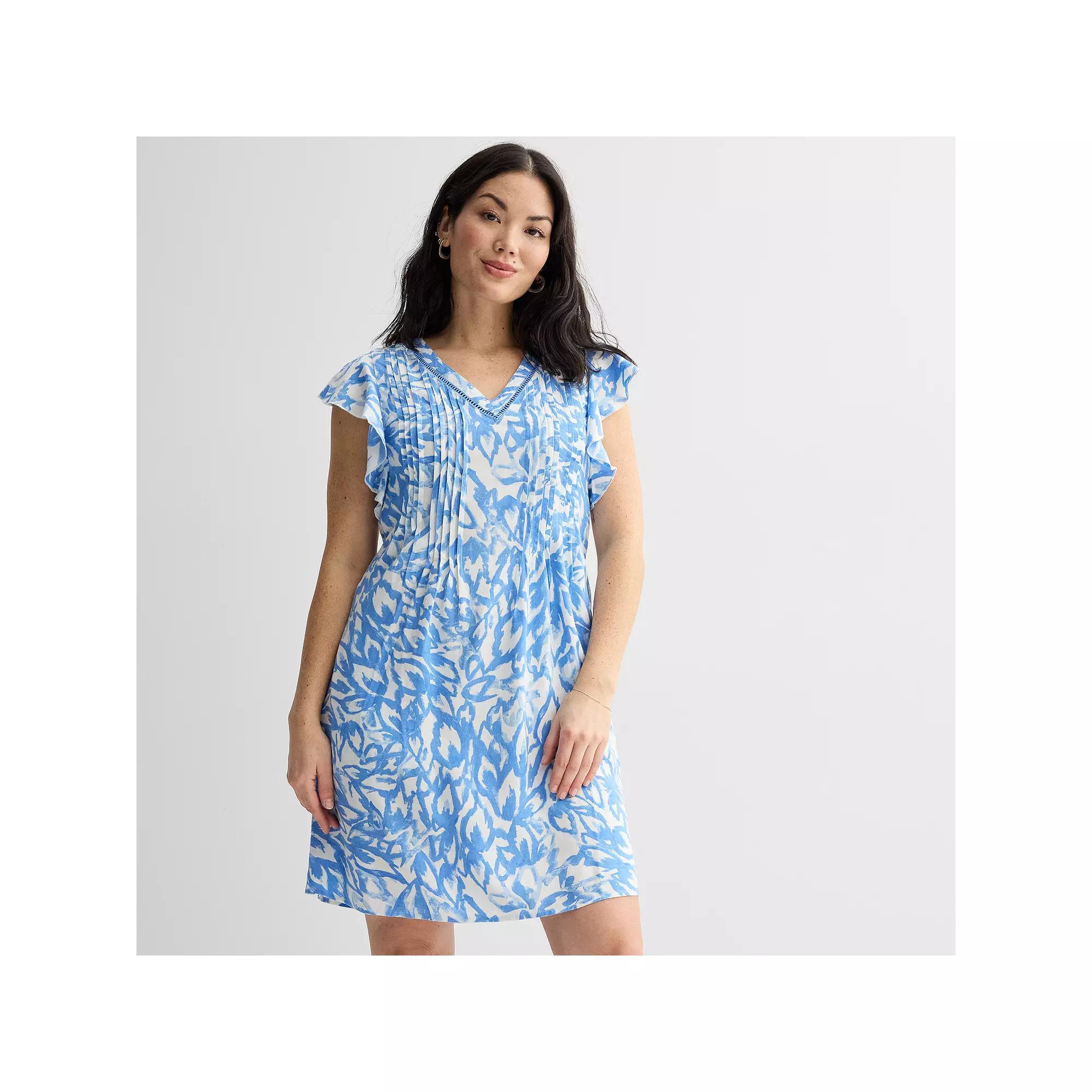 Women's Sonoma Goods For Life® Flutter Sleeve Pintuck Dress, Size: Large, White Blue Foliage Product Image