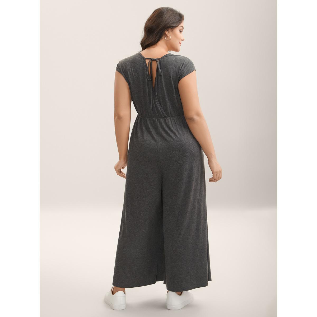 Plus Size DimGray Pleated Waist Pockets Wide-Leg Jumpsuit Women Cap Sleeve V-neck Everyday-Casual Loose Jumpsuits BloomChic 14-16/1X Product Image