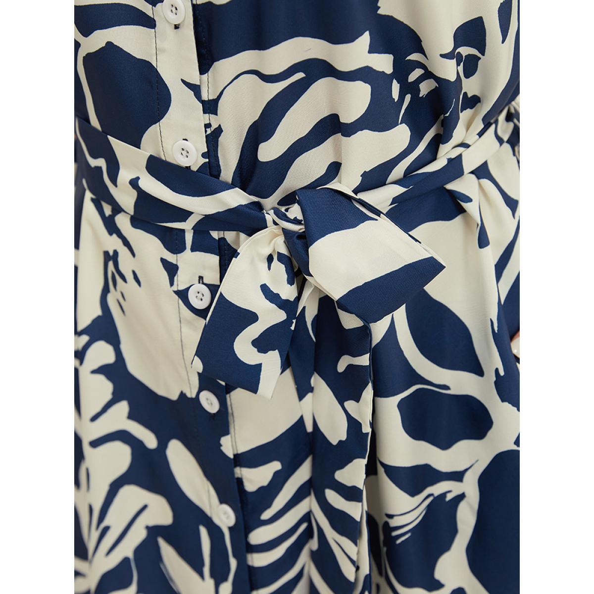 Plus Size Geometric Print Flutter Pocket Belt Shirt Collar Dress DarkBlue Women Elegant Lapel Collar Short sleeve Curvy Knee Dress BloomChic 28/5X Product Image