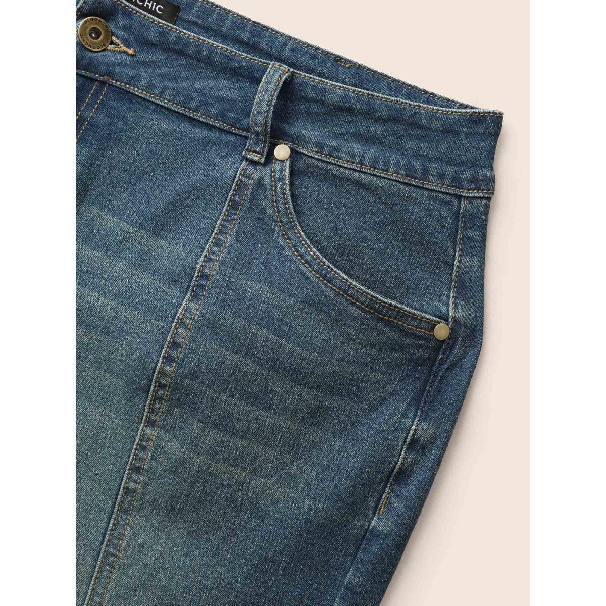 Plus Size Stretch Denim Mermaid Cut Skirt Women Bluevintage Everyday Button Medium stretch Medium Wash 24/3X Casual Denim Skirts BloomChic Product Image