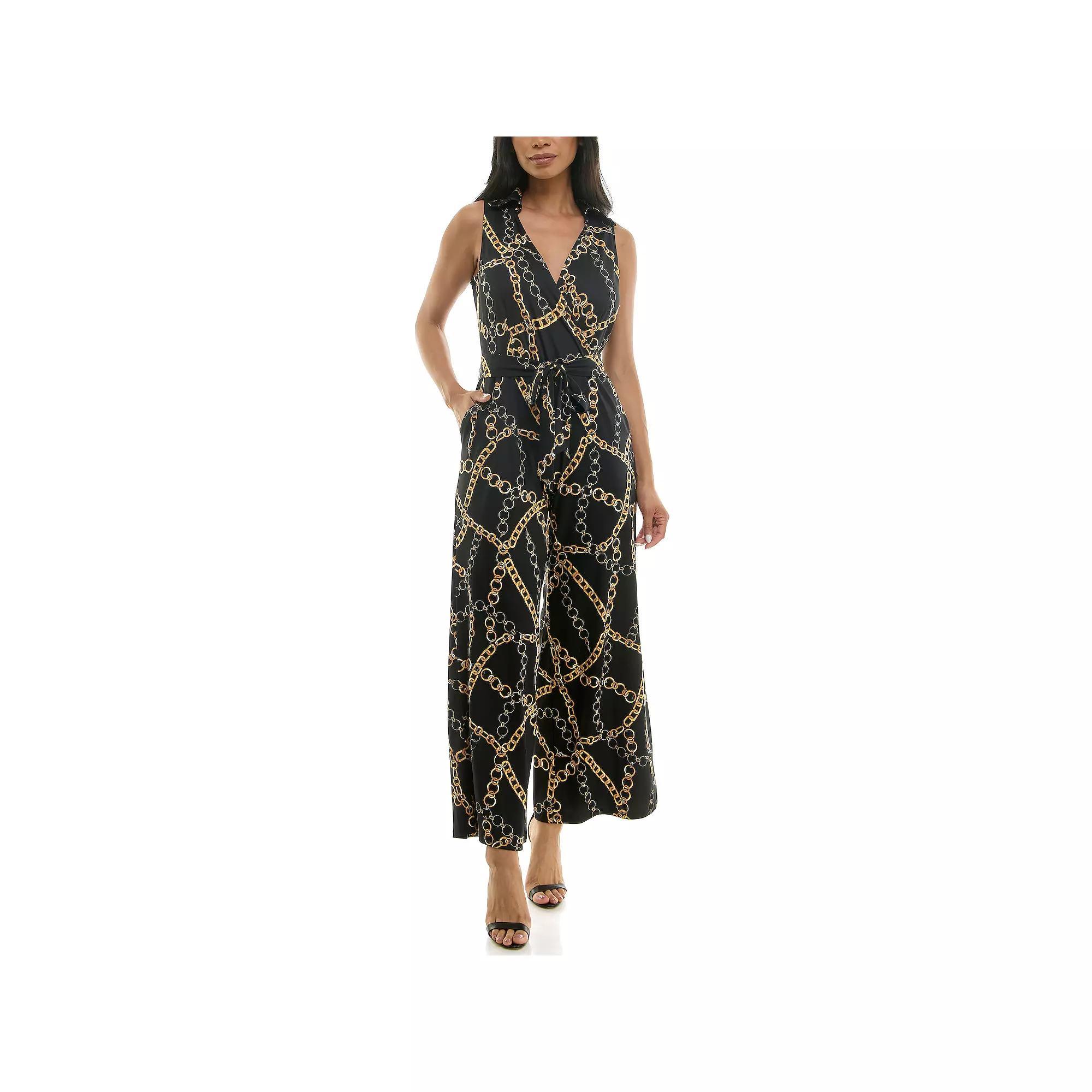 Womens Nina Leonard Print Collared Sleeveless Surplice Wide-Leg Jumpsuit Product Image