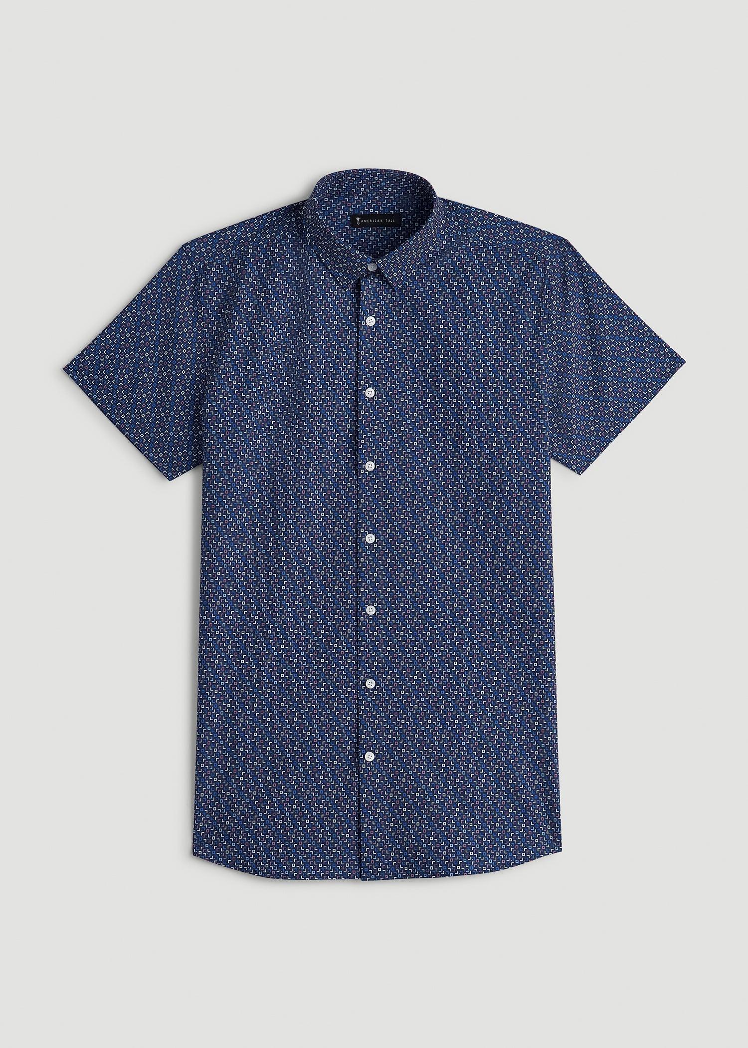 Short Sleeve Traveler Stretch Button Shirt for Tall Men in Blue Fleck Product Image