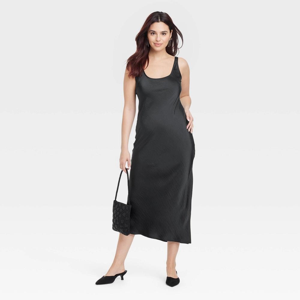 Women's Maxi Slip Dress - A New Day™ Black XS: Satin Scoopneck Sleeveless Pullover with Side Slit Product Image