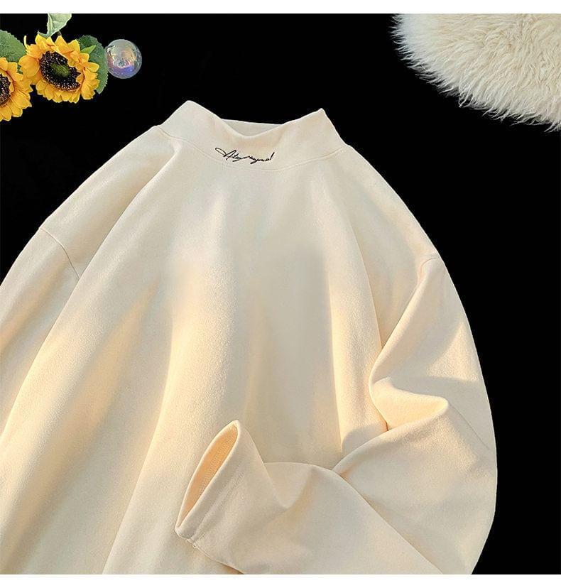 Mock Neck Lettering Embroidered Sweatshirt Product Image