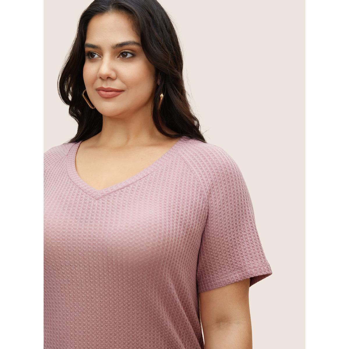 Plus Size Plain Waffle Knit V Neck T-shirt Rouge Women Casual Non V-neck Everyday T-shirts BloomChic 12/L Product Image