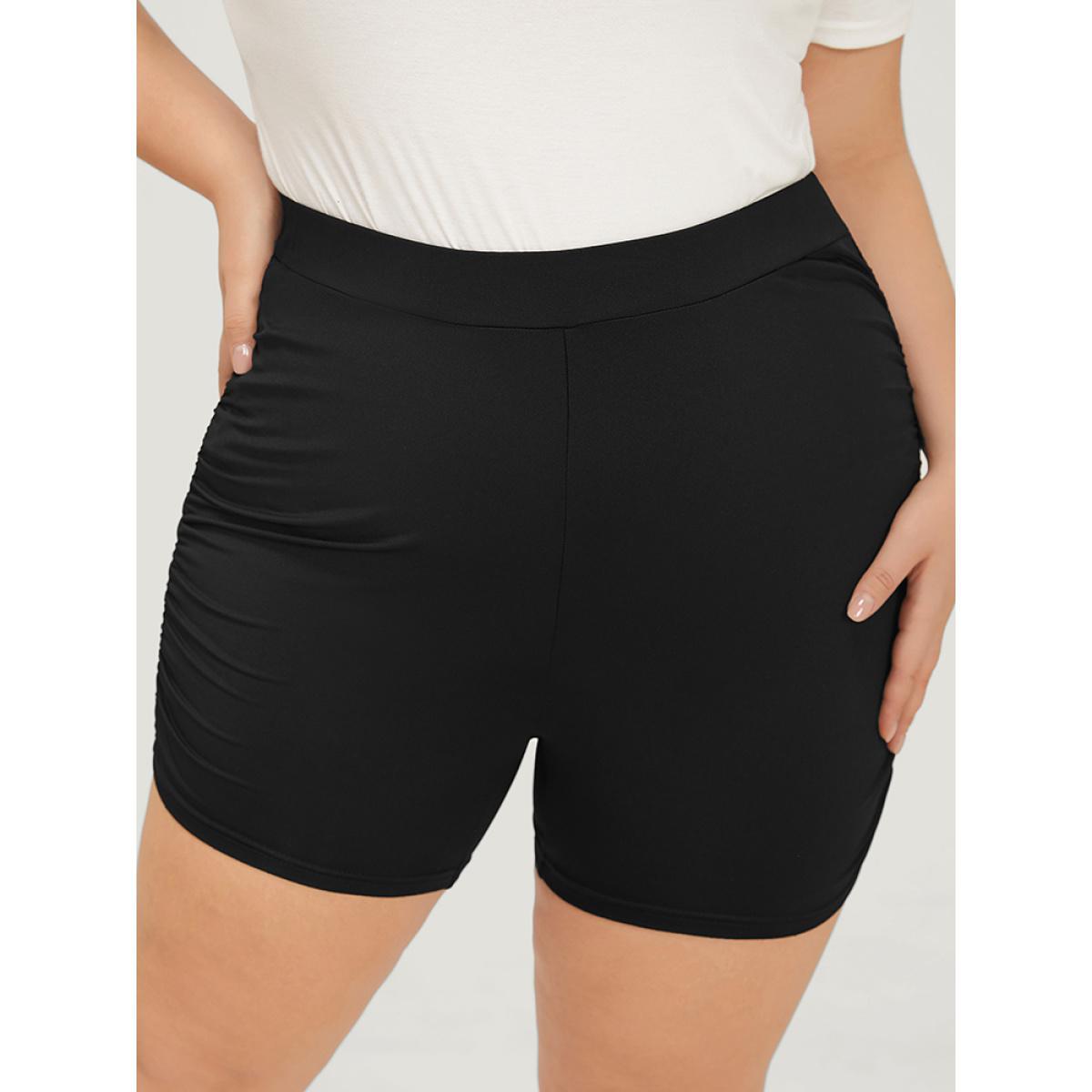 Plus Size Plain Skinny Ruched Side Shorts Women Black Casual High stretch Skinny High Rise Dailywear Leggings BloomChic 10/M Product Image
