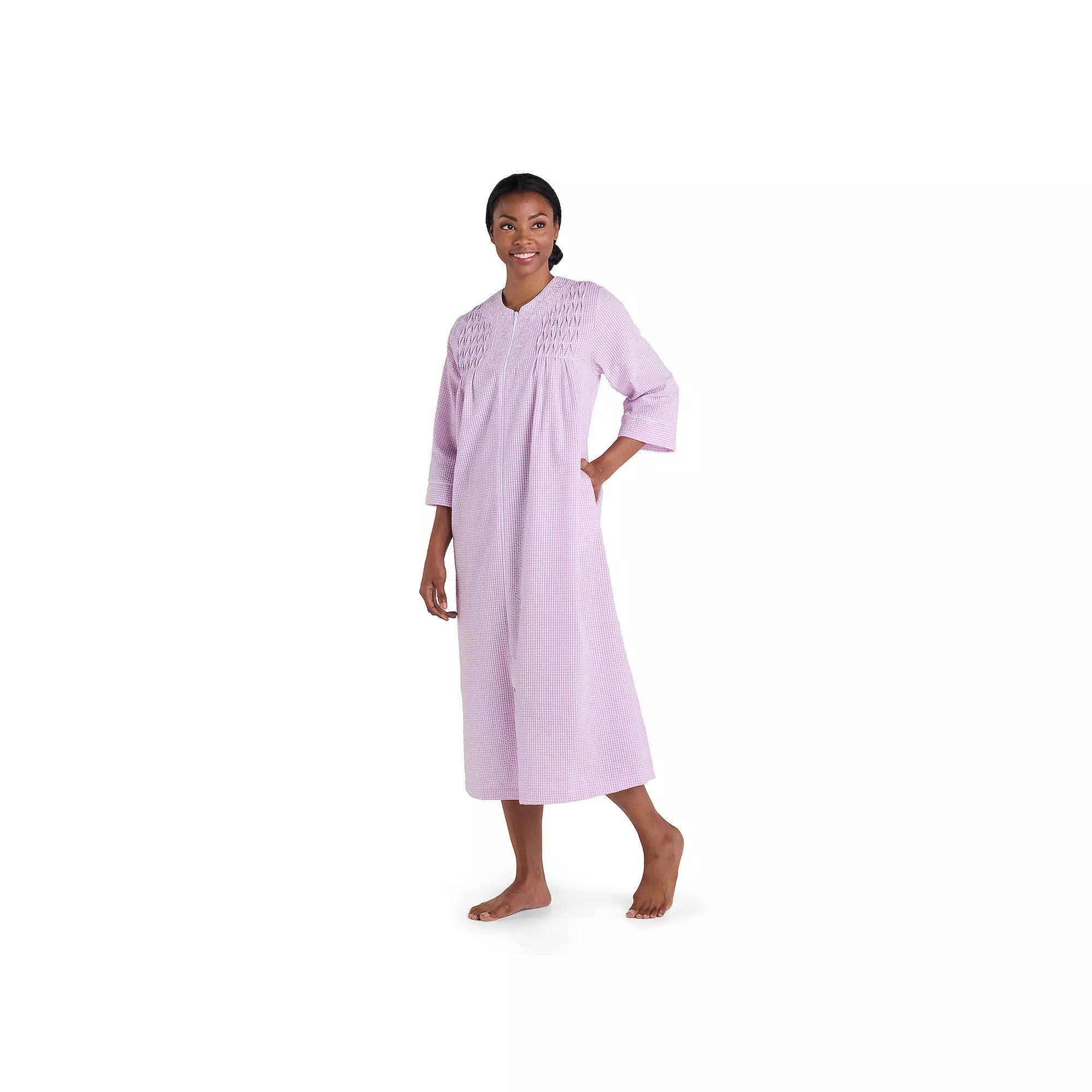 Petite Miss Elaine Essentials Seersucker Long Zip Robe, Women's, Size: Medium Petite, Purple White Check Product Image