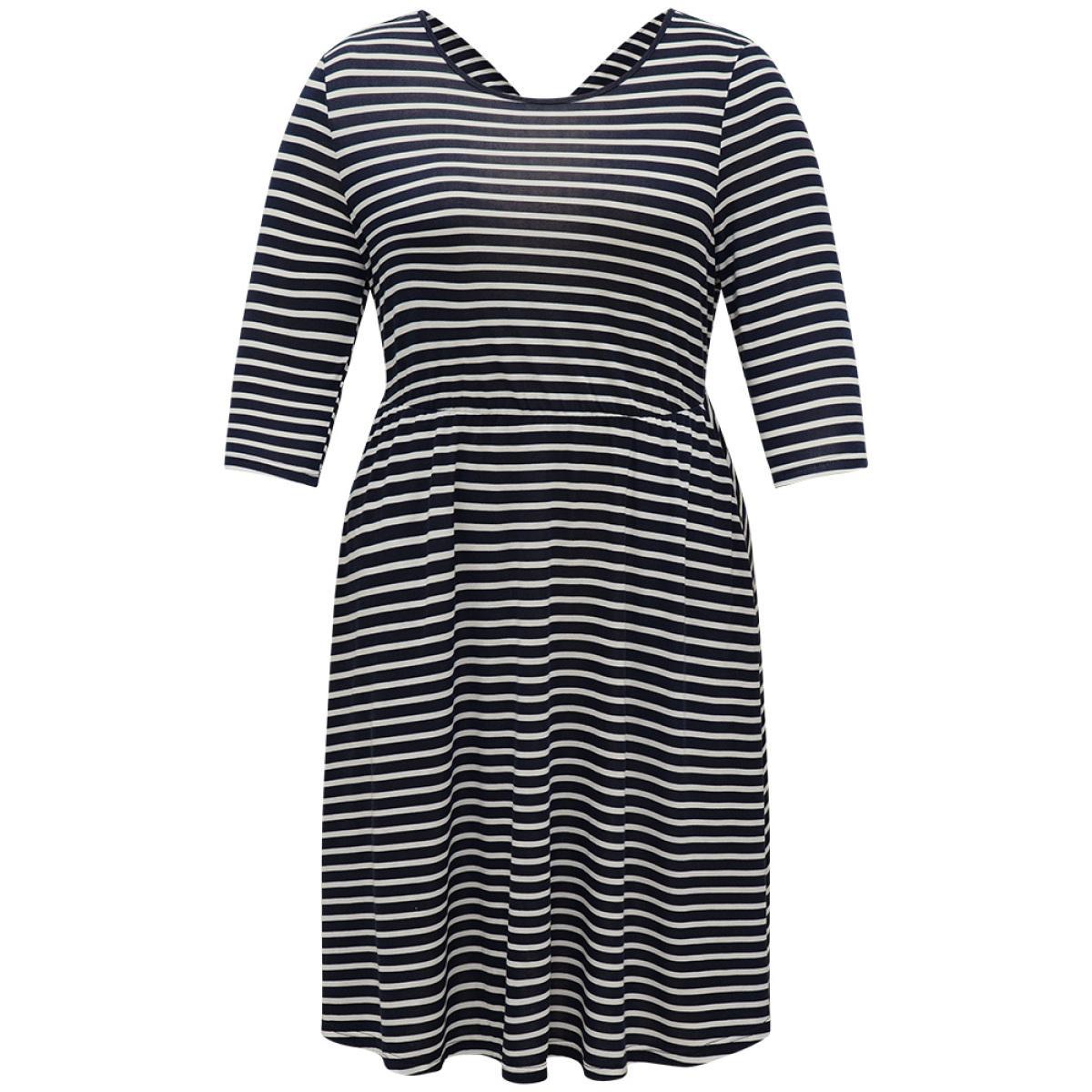 Plus Size Striped Crew Neck Pocket Twist Back Dress Indigo Women Casual Elastic Waist Round Neck Elbow-length sleeve Curvy Midi Dress BloomChic 18-20/2X Product Image
