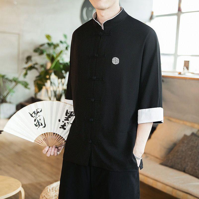 Traditional Chinese 3/4-Sleeve Frog Buttoned Shirt Product Image