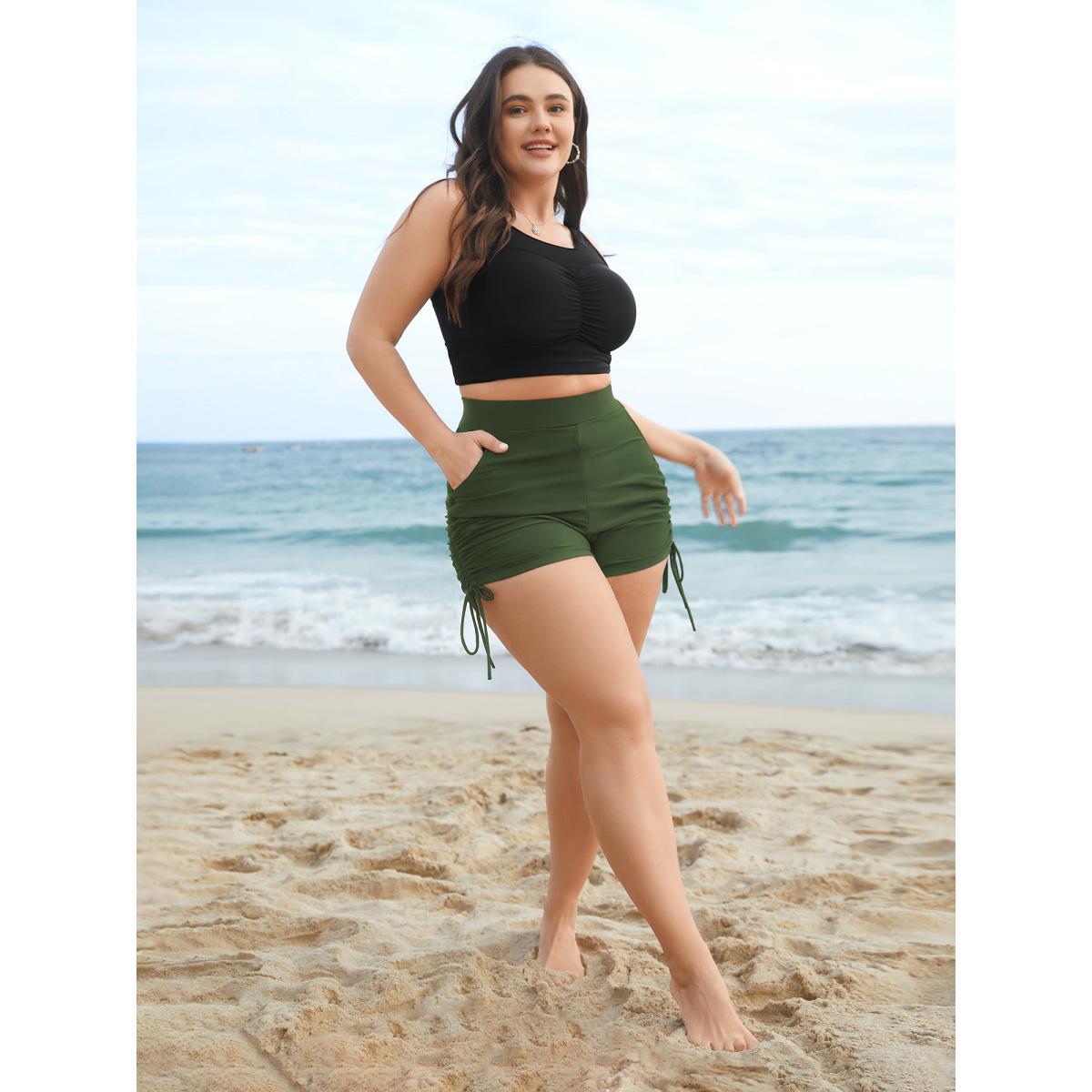 Plus Size Ruched Drawstring Pocket Slim Swim Bottom Women's Swimwear ArmyGreen Beach Gathered High stretch Skinny High Rise Slanted pocket Curve Swim Bottoms BloomChic 18-20/2X Product Image