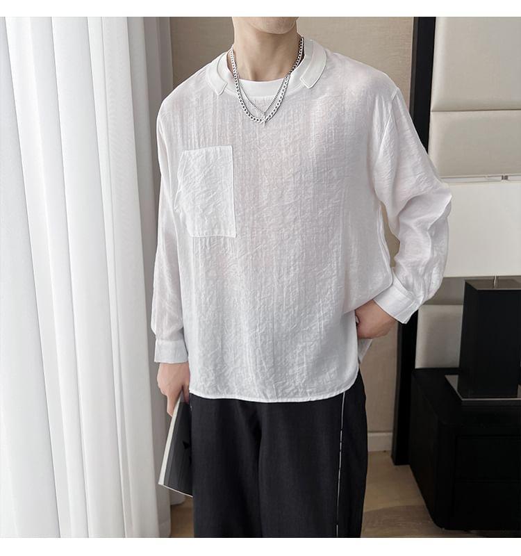 Long-Sleeve Crew Neck Plain Pocket Front T-Shirt Product Image