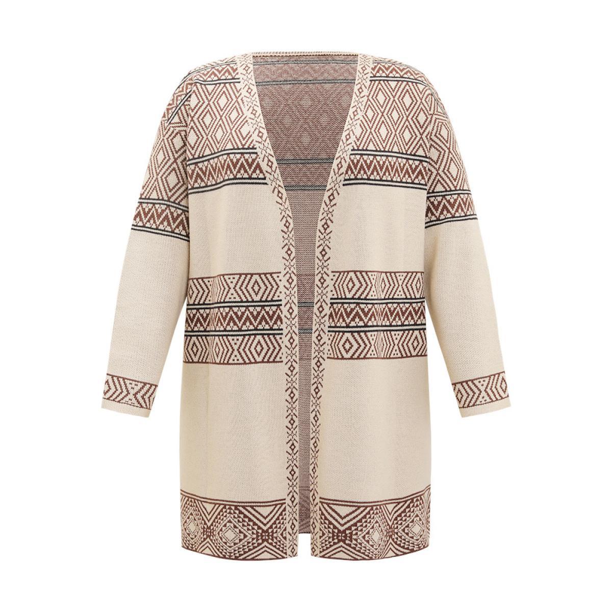 Plus Size Geometric Open Front Cardigan Champagne Women Casual Loose Long Sleeve Dailywear Cardigans BloomChic 12/L Product Image
